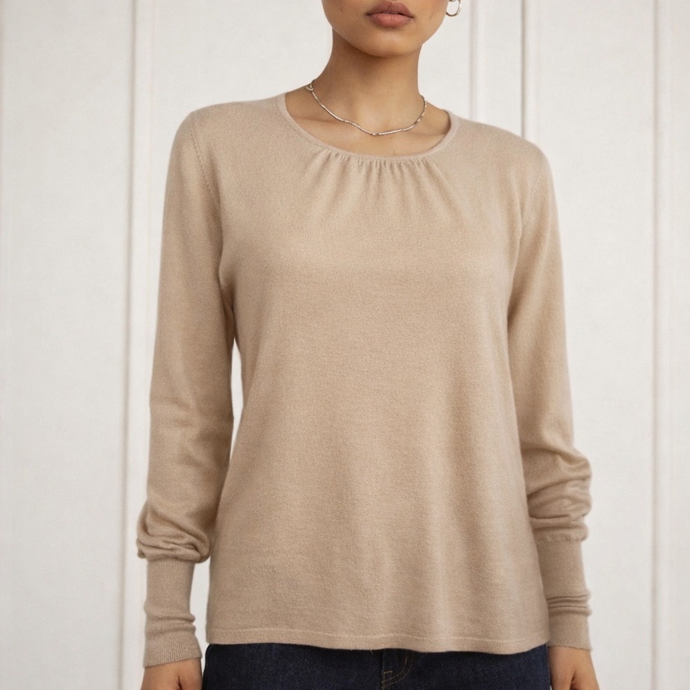 TSE Cashmere Gathered Neck Back Keyhole Sweater Beige Sz XL